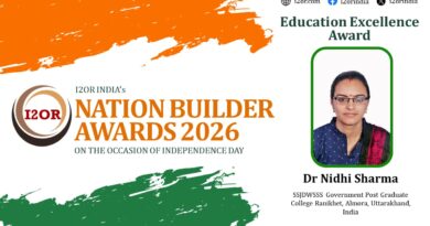 डॉ. निधि शर्मा को ‘एजुकेशन एक्सीलेंस अवॉर्ड–2026’, रानीखेत महाविद्यालय का बढ़ा गौरव।शिक्षा, शोध और नवाचार में उल्लेखनीय योगदान के लिए मिला राष्ट्रीय सम्मान।